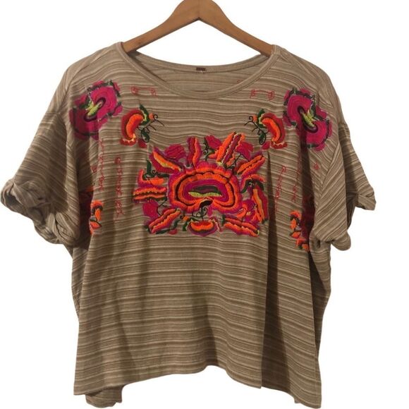 Free People Catalunya Cropped Floral Embroidered Striped Knit Tshirt Small - Picture 1 of 6